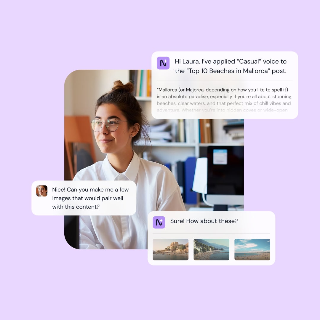 Content creator at desk with Neonify AI chat bubbles showing brand voice application, content generation and image suggestions for a Mallorca beaches blog post
