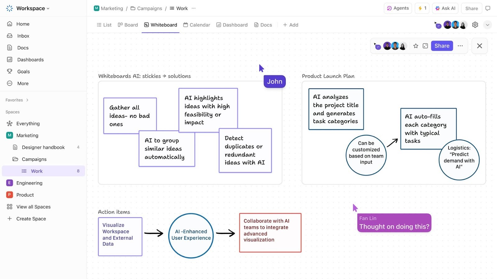 ClickUp's hyper-customizable whiteboard for unifying work
