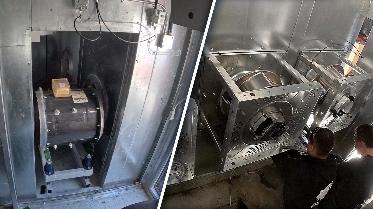Before and after comparison of a legacy belt-driven fan and a retrofitted EC fan array inside a hospital air handling unit following AHU retrofit by GRR Cooling Experts.