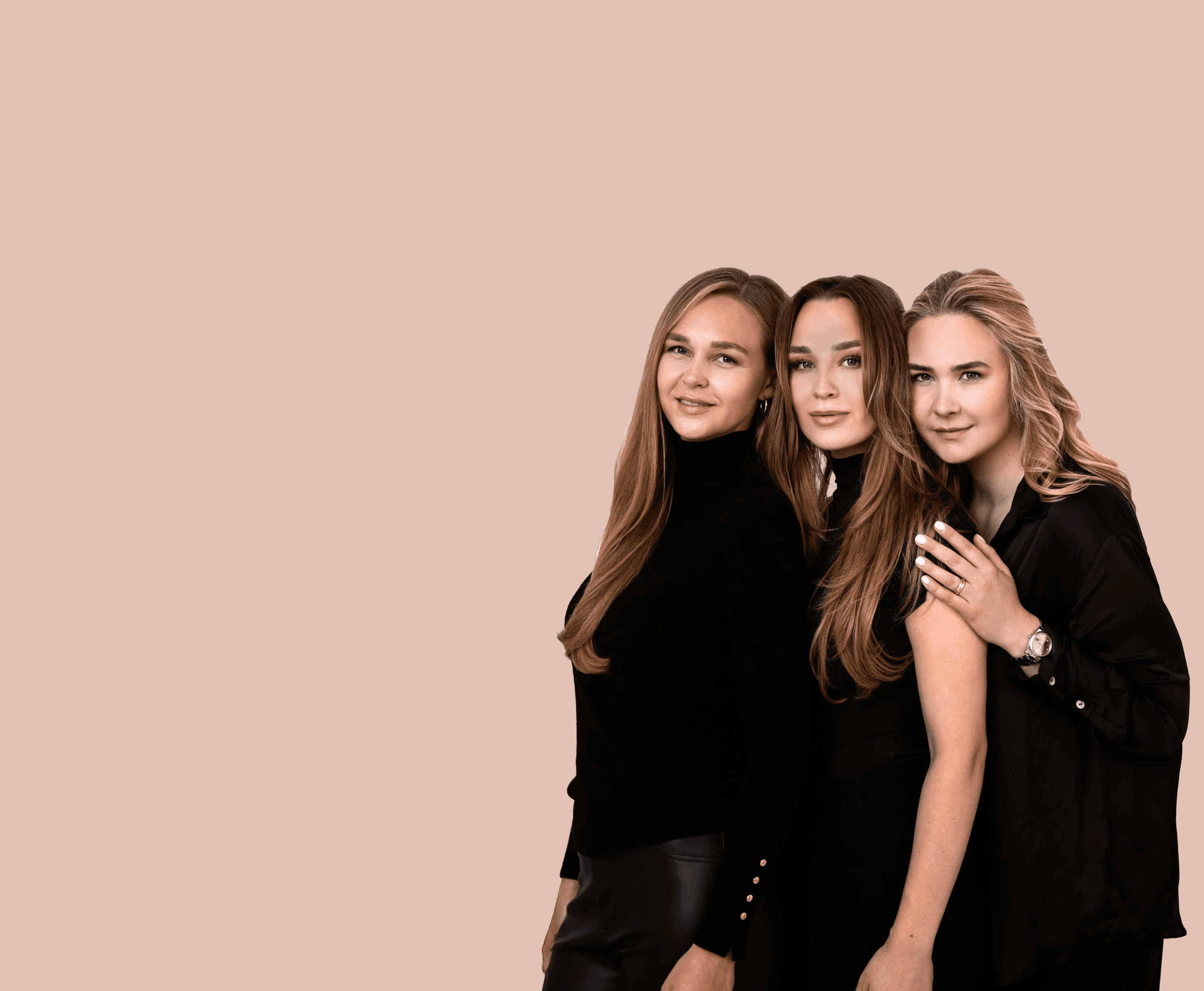 Close-up portrait of a woman with long red hair, closed eyes, and a soft expression, against a beige background