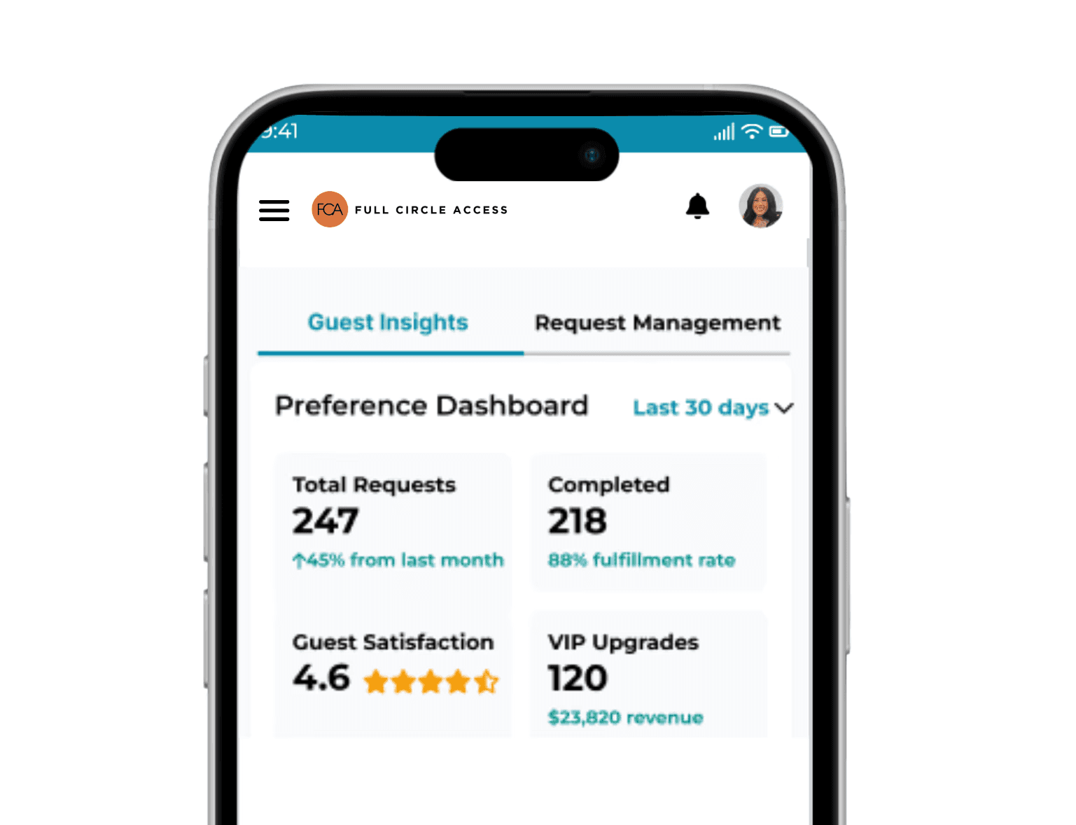 Mobile phone displaying Full Circle Access app. The main screen shows concert and event search functionality with filter buttons for "All," "Food & Drinks," and "Services & Support." A featured event card displays the New Orleans Jazz & Heritage Festival from April 25-28, 2025 at Fair Grounds, New Orleans. The card includes an outdoor stage photo with crowd, 4.9 star rating, and five orange attribute badges showing "Charging Stations," "Quiet/Sensory Space," "Mobile Ordering," "Vegan Options," and "Step-free Routes." At the bottom are three user review profile photos showing "+127 reviews" and a black "View Details" button.RetryClaude can make mistakes. Please double-check responses.