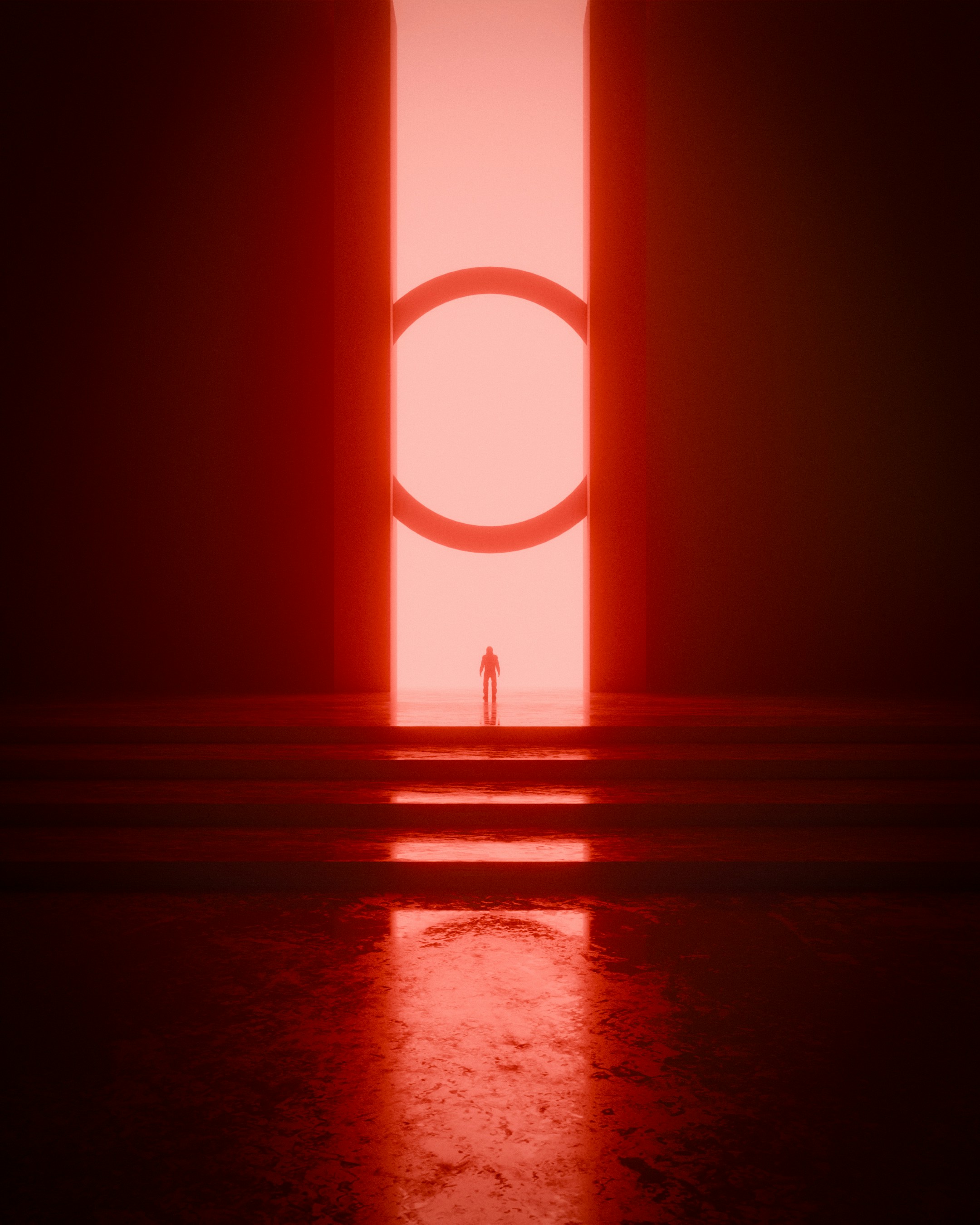 A silhouette stands before a red, circular portal.