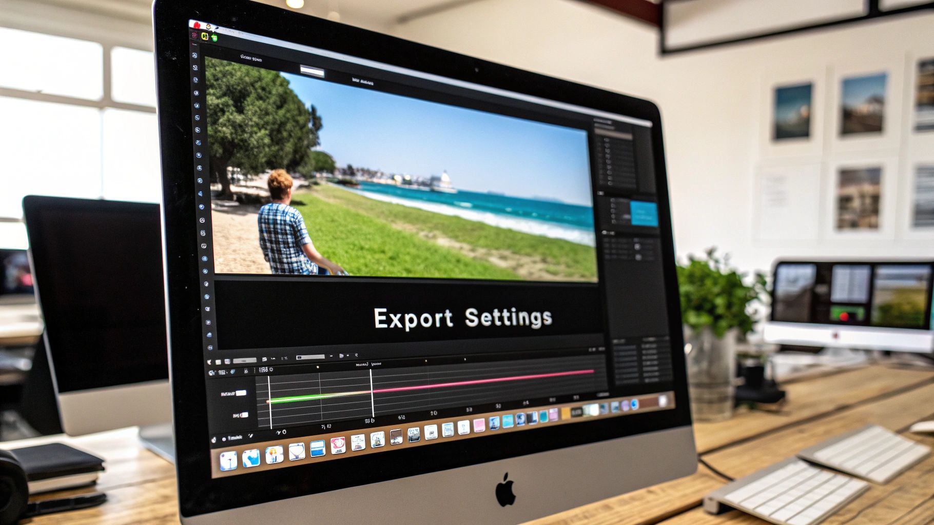 An iMac displays video editing software with 'Export Settings' on screen, showing a timeline and a beach scene.