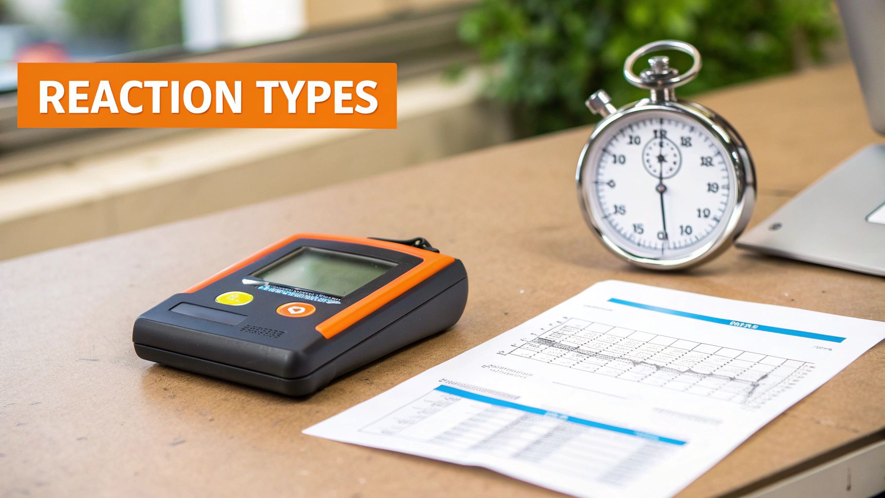 A table showing a reaction time device, a stopwatch, and a data report on reaction types.
