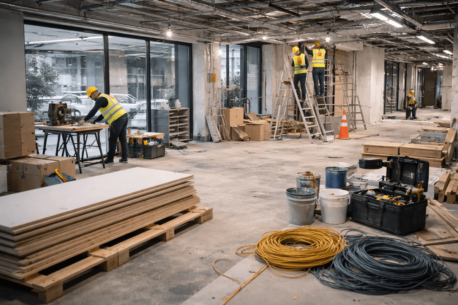 An aerial view of a house under construction