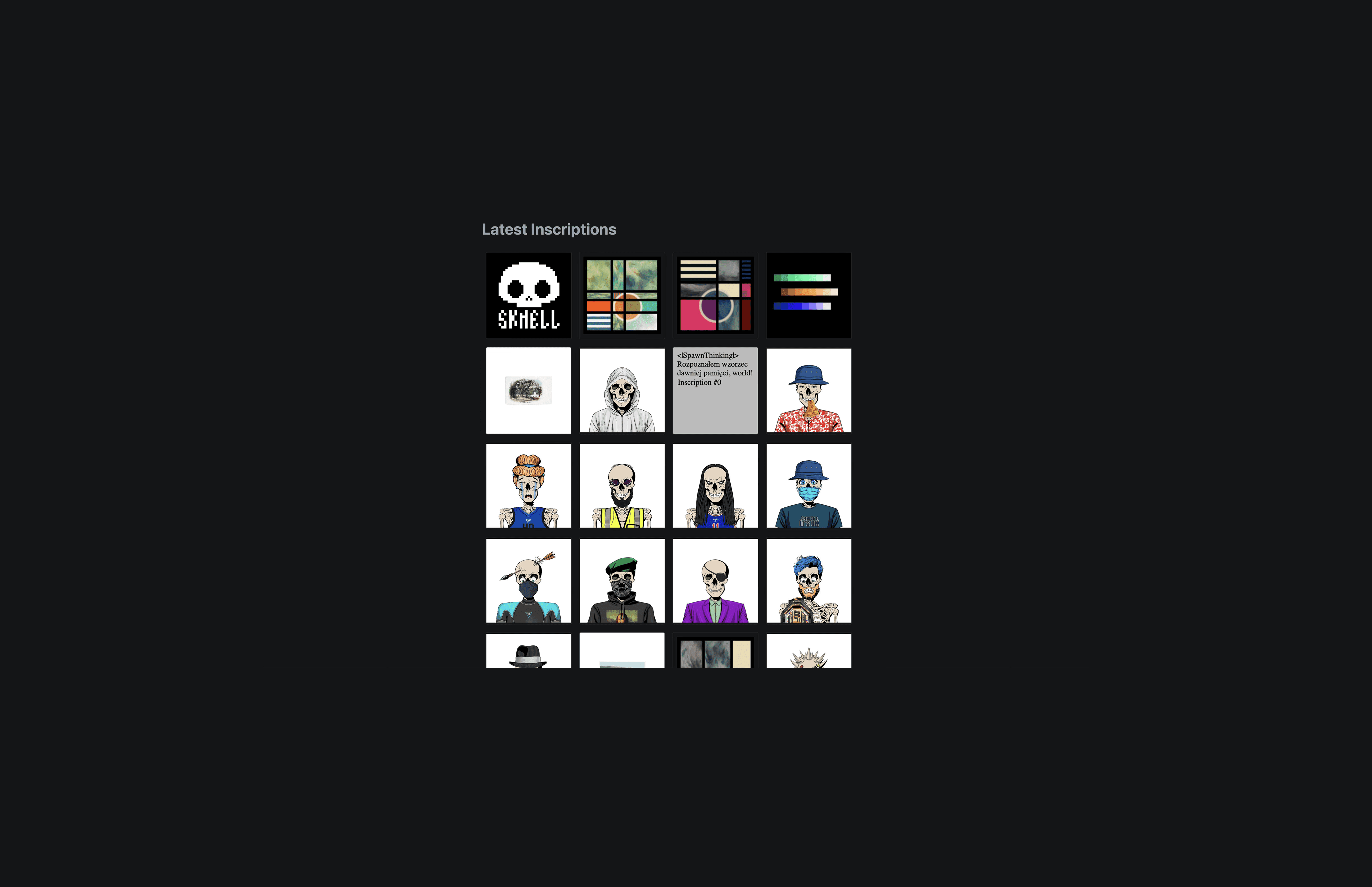 Grid of recent Bitcoin Ordinals inscriptions, including pixel-art skeleton avatars, gradient art, and text-based inscriptions, showing the kind of non-financial data competing with payments for Bitcoin blockspace.