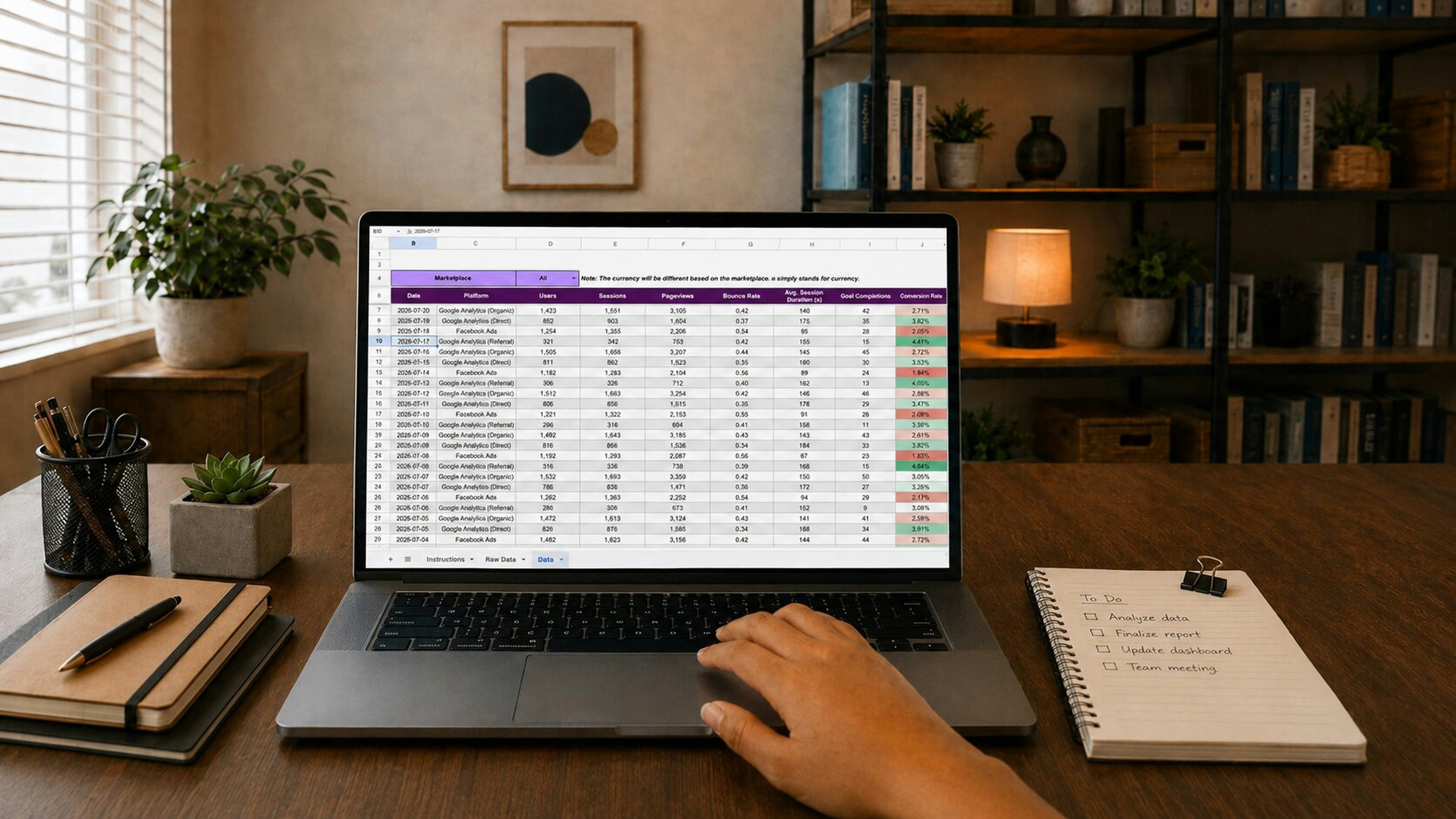 A laptop showing a spreadsheet on a wooden desk beside a notebook