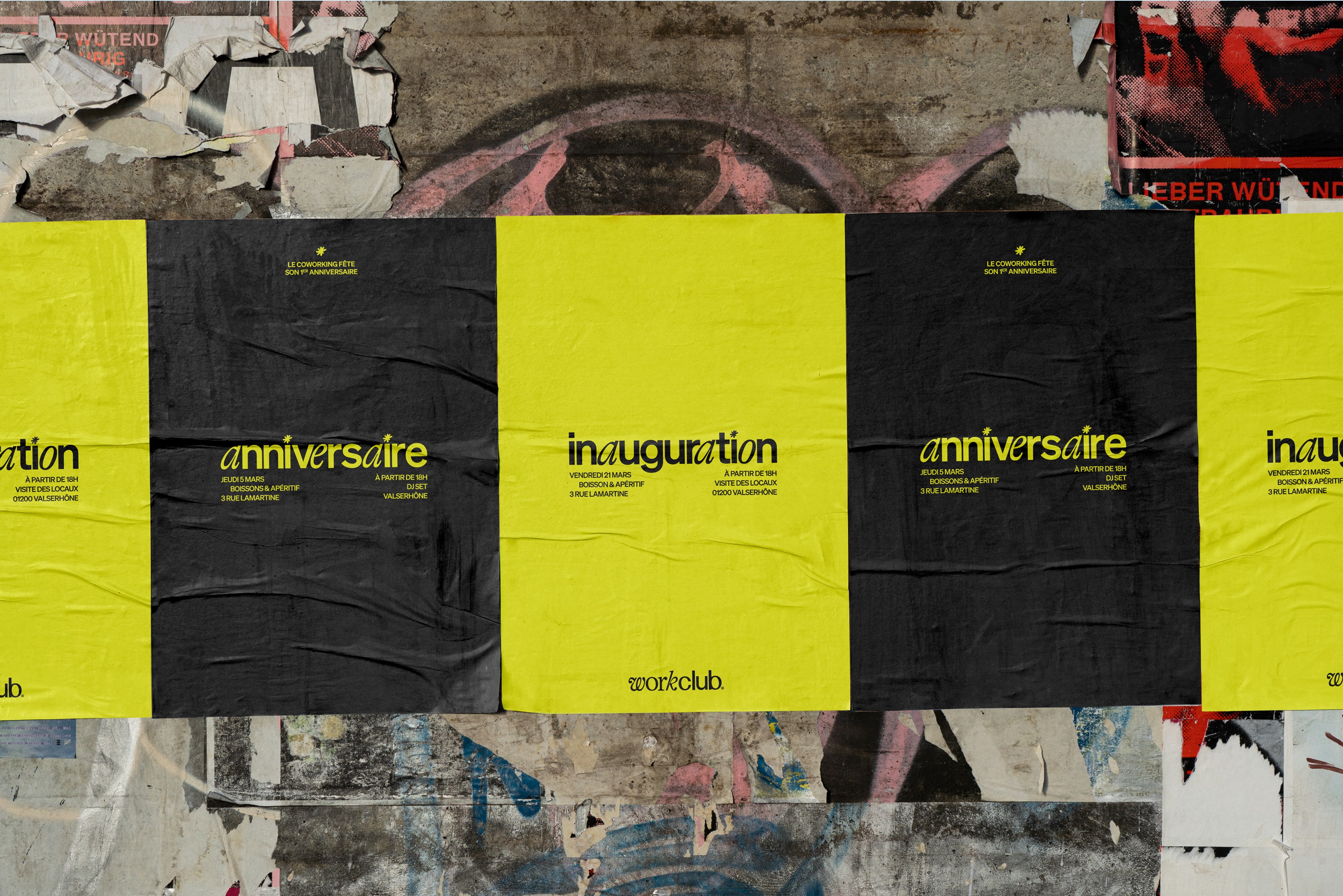 Série d’affiches collées pour l’anniversaire et l’inauguration de Workclub, identité visuelle jaune fluo et noire pour espace de coworking.