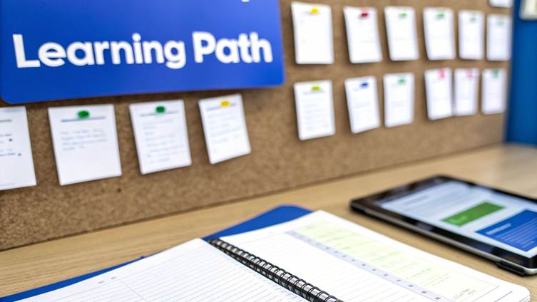 A blue 'Learning Path' sign above a cork board with notes, a notebook, and a tablet on a desk.