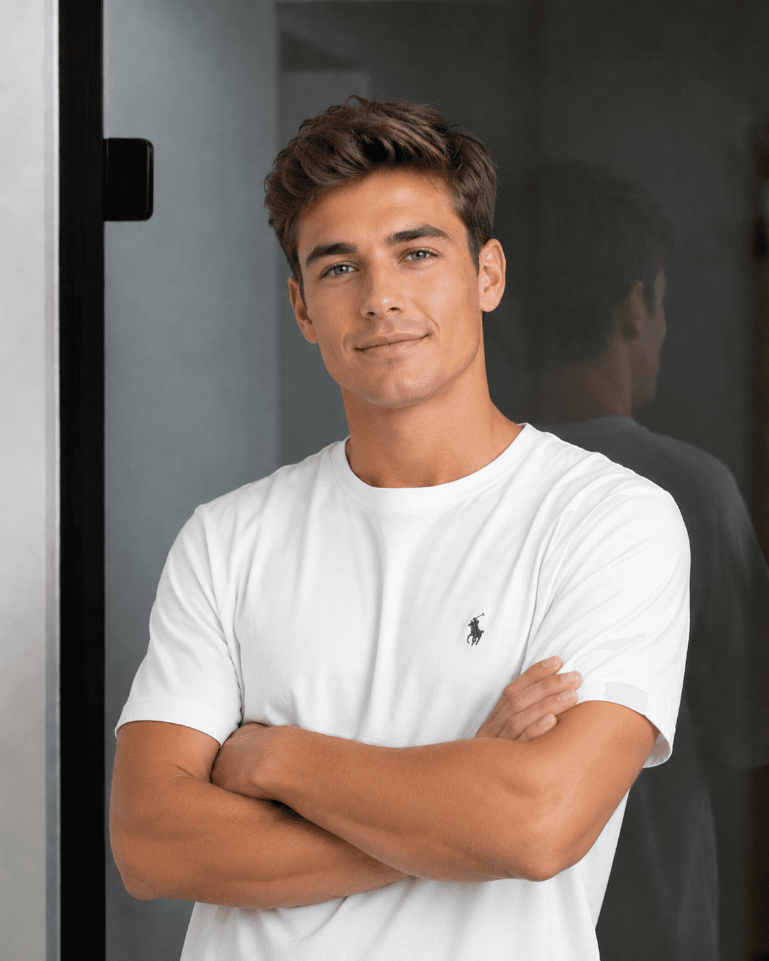 A young man with short brown hair stands confidently with his arms crossed, wearing a casual white t-shirt against a modern, glass-paneled wall backdrop.