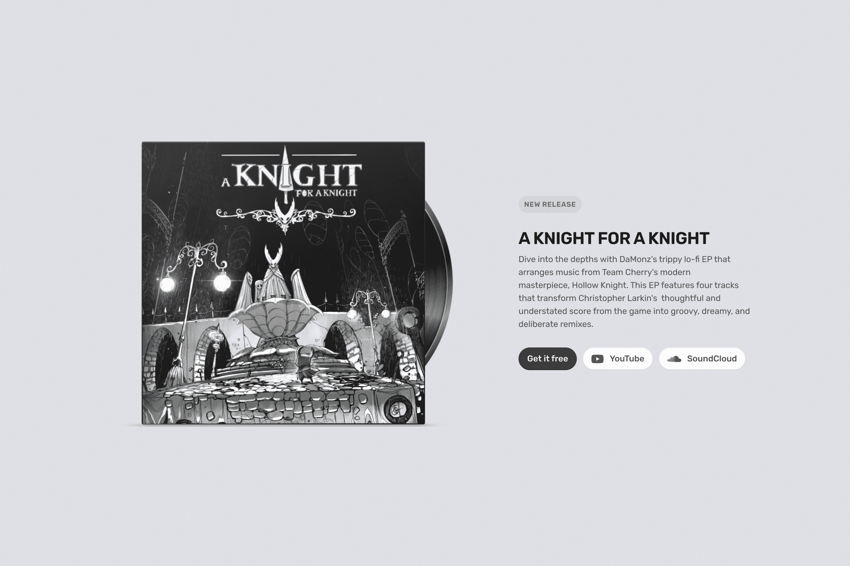 Design for an album feature, including artwork, a description, and links to listen/download.