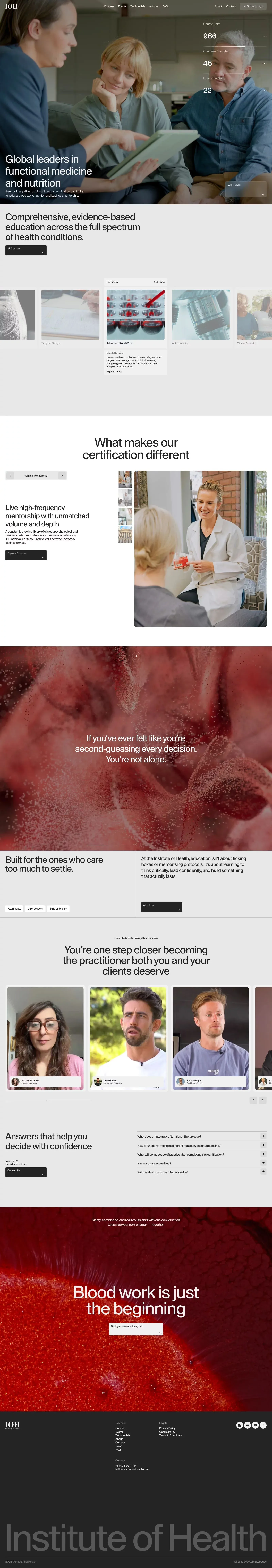 Institute of Health landing page screenshot showcasing Education and Food & Drinks design