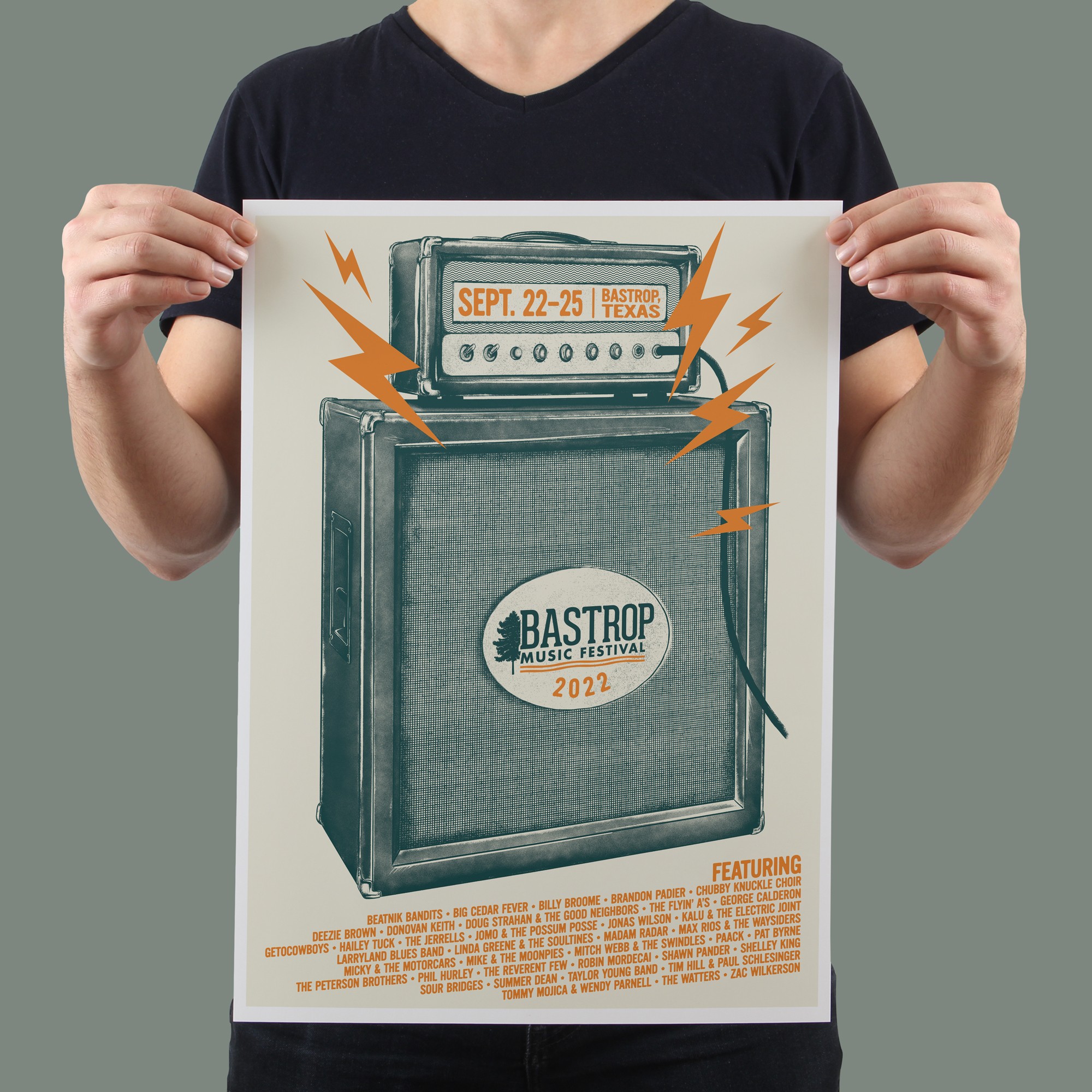 Bastrop Music Festival 2022 poster featuring hand-drawn illustrations of musical instruments and vintage audio equipment