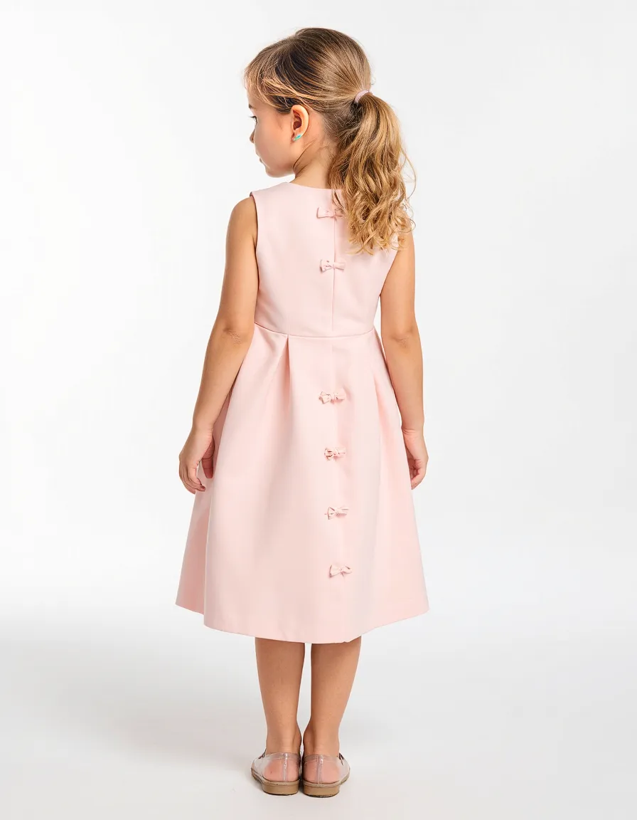 Back view of a child's elegant blush pink dress with decorative bows along the spine, showcasing delicate design details on white background.