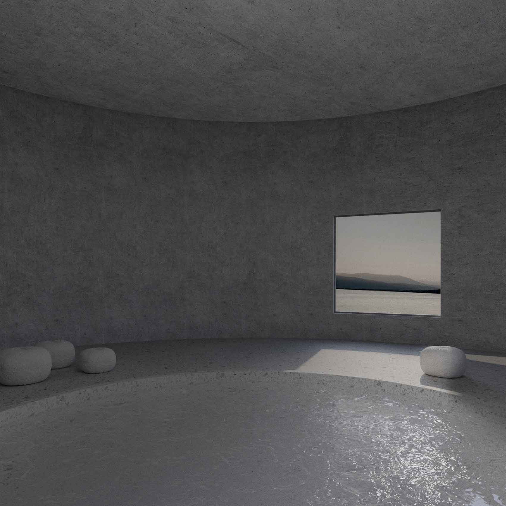 A modern, minimalist interior with wooden flooring, large windows, and a few plants giving a bright, airy feel.