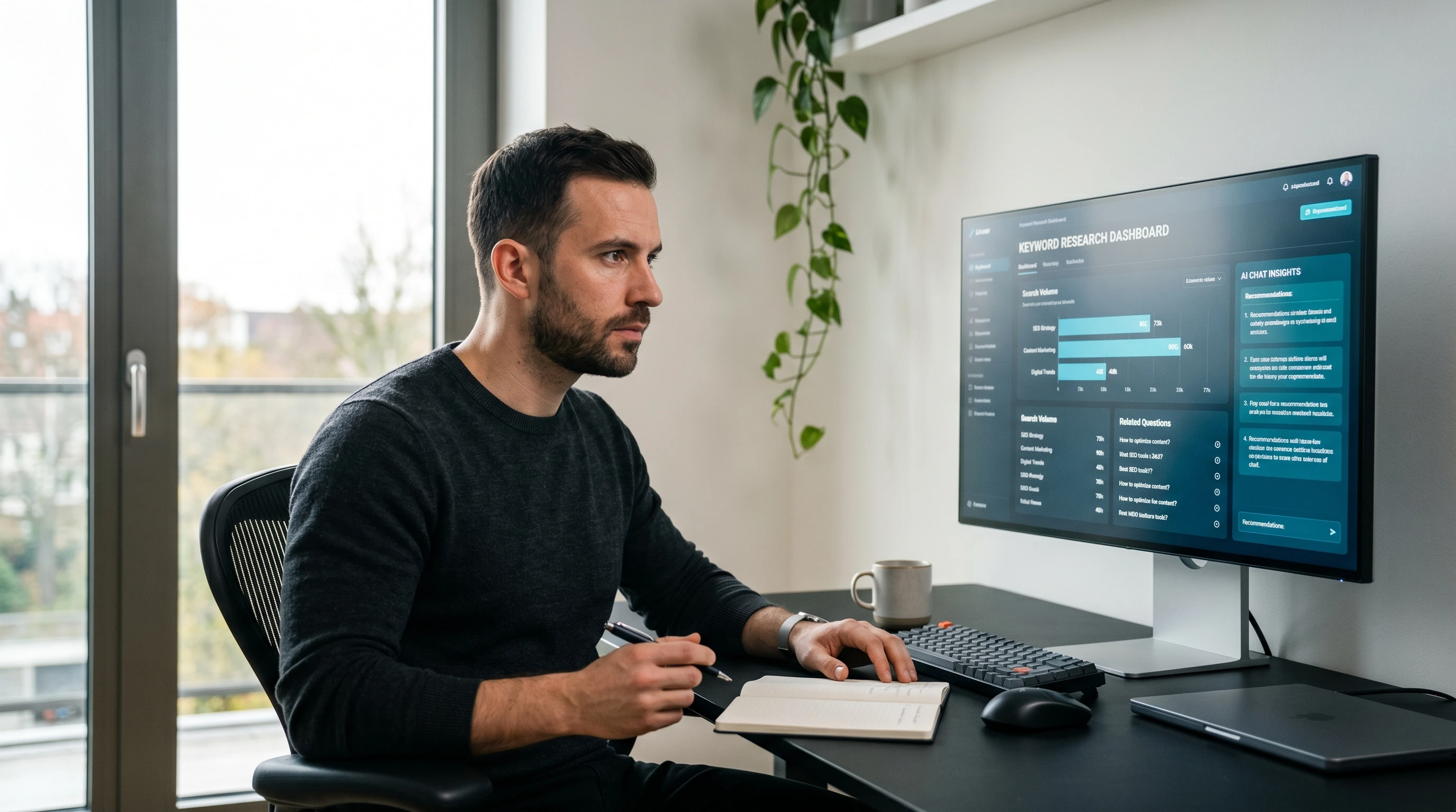 Profissional analisando dashboard de palavras-chave para SEO e AEO em monitor