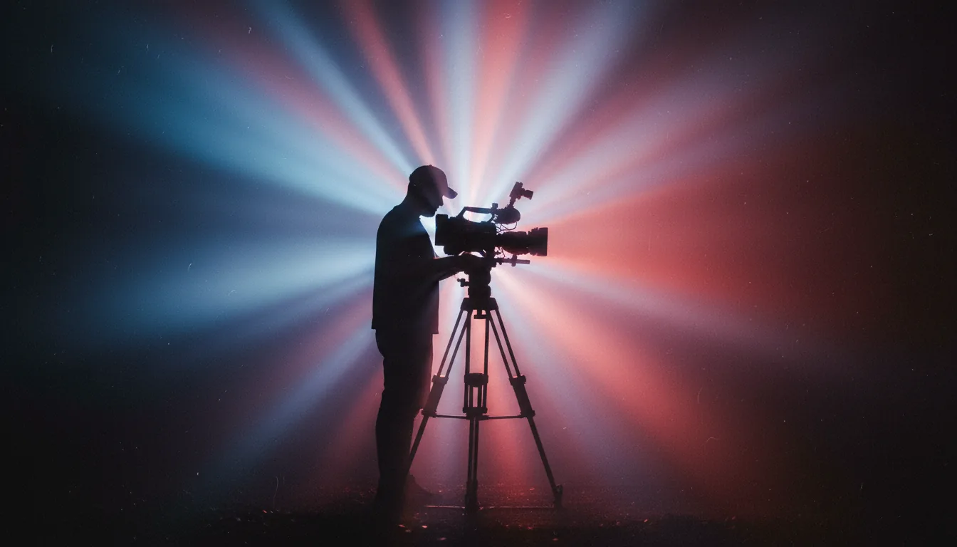 DSLR photograph, side profile silhouette of a cameraman wearing a baseball cap operating a professional video camera on a tripod. The scene is heavily backlit with intense, cinematic contrast, creating dramatic volumetric light rays that streak across the frame. The lighting creates a hazy, atmospheric glow with a color palette shifting from bright blue and white to soft pink and deep red against a dark, shadowy background. Fine film grain texture, sharp focus on the silhouette.