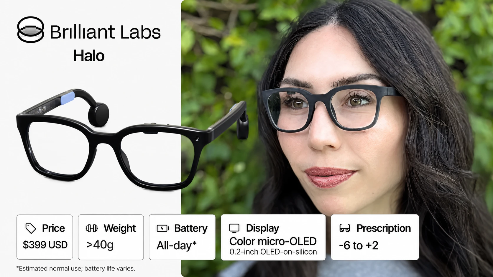 Brilliant Labs Halo glasses beside a wearer, with specification cards for price, weight, battery, display and prescription adjustment.