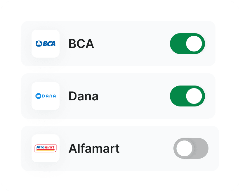 Durianpay dashboard showing flexible toggling of enabled and disabled payment methods