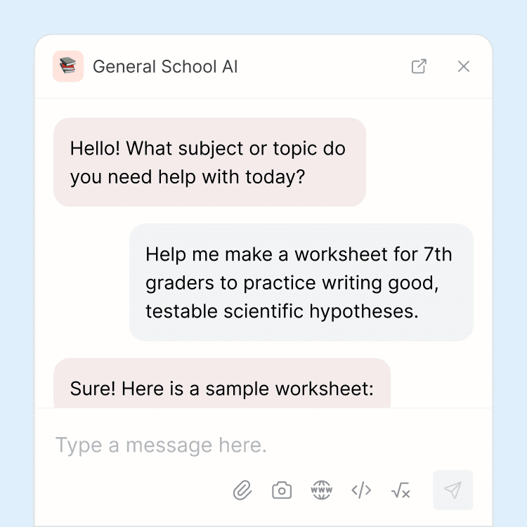 General school-wide tutor helping a teacher generate a worksheet to help 7th graders practice writing good, testable hypotheses.