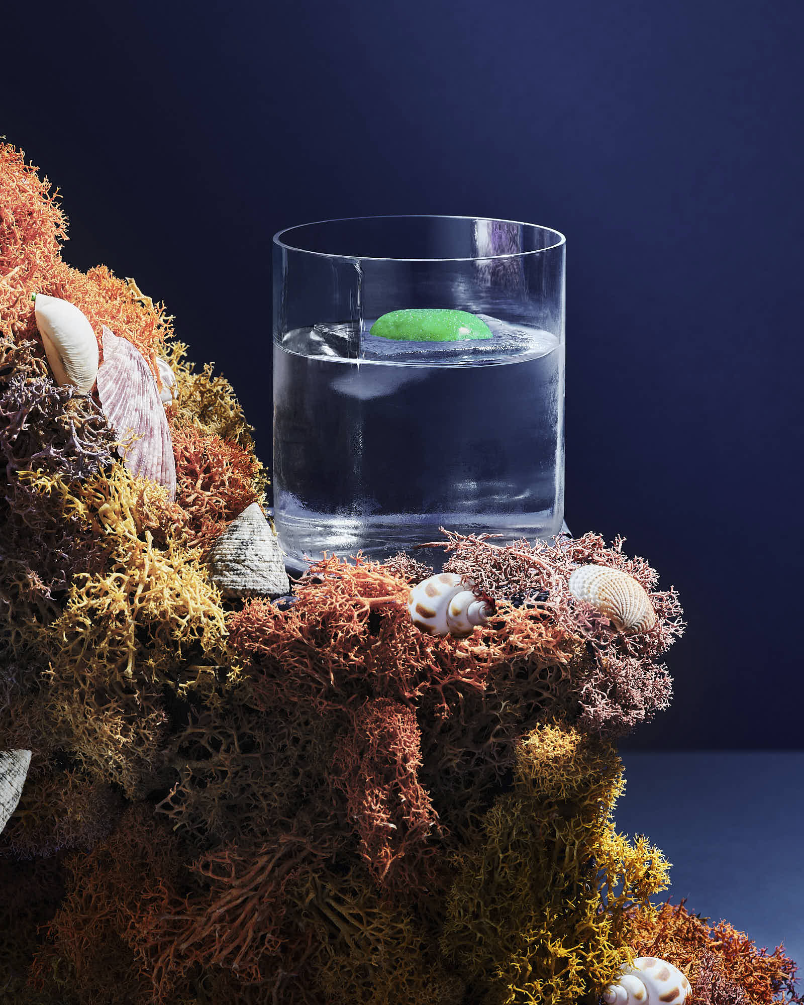 A small glass container filled with a cocktail on a rocky surface, featuring colorful coral in the background.
