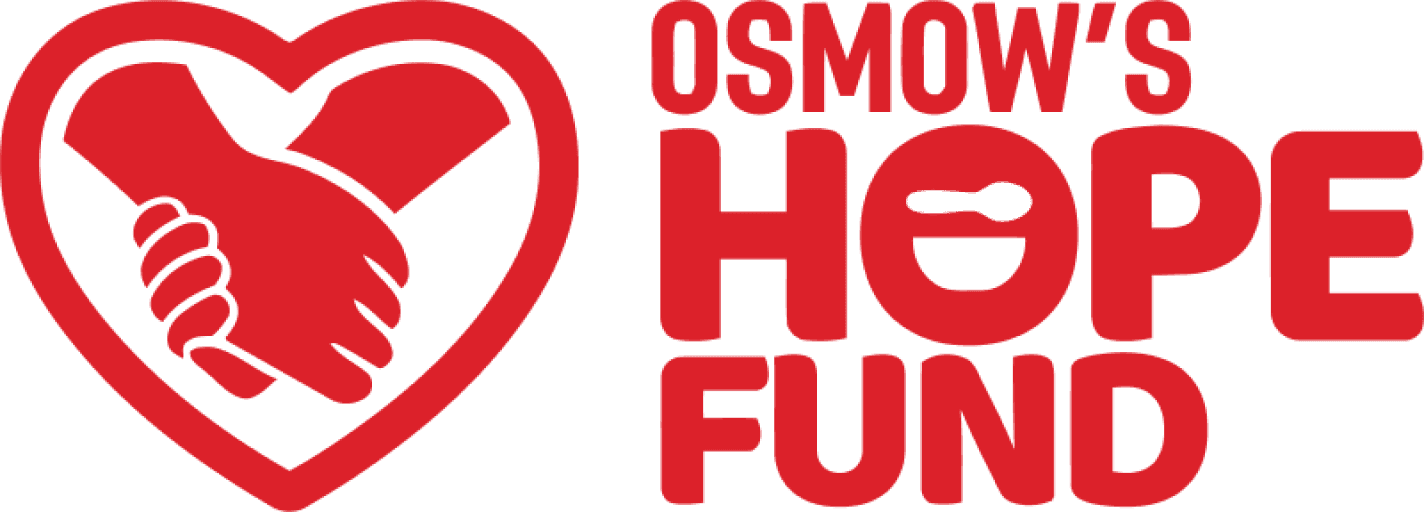 Osmow's Hope Fund logo — red heart with hands symbol and text hope begins with a meal