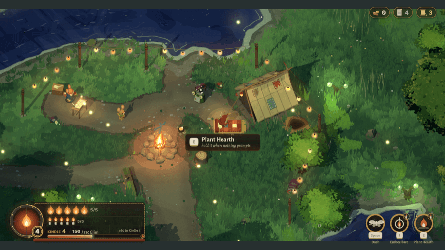 Dwago: Journey to Hushfall gameplay showing the camp, character and game interface