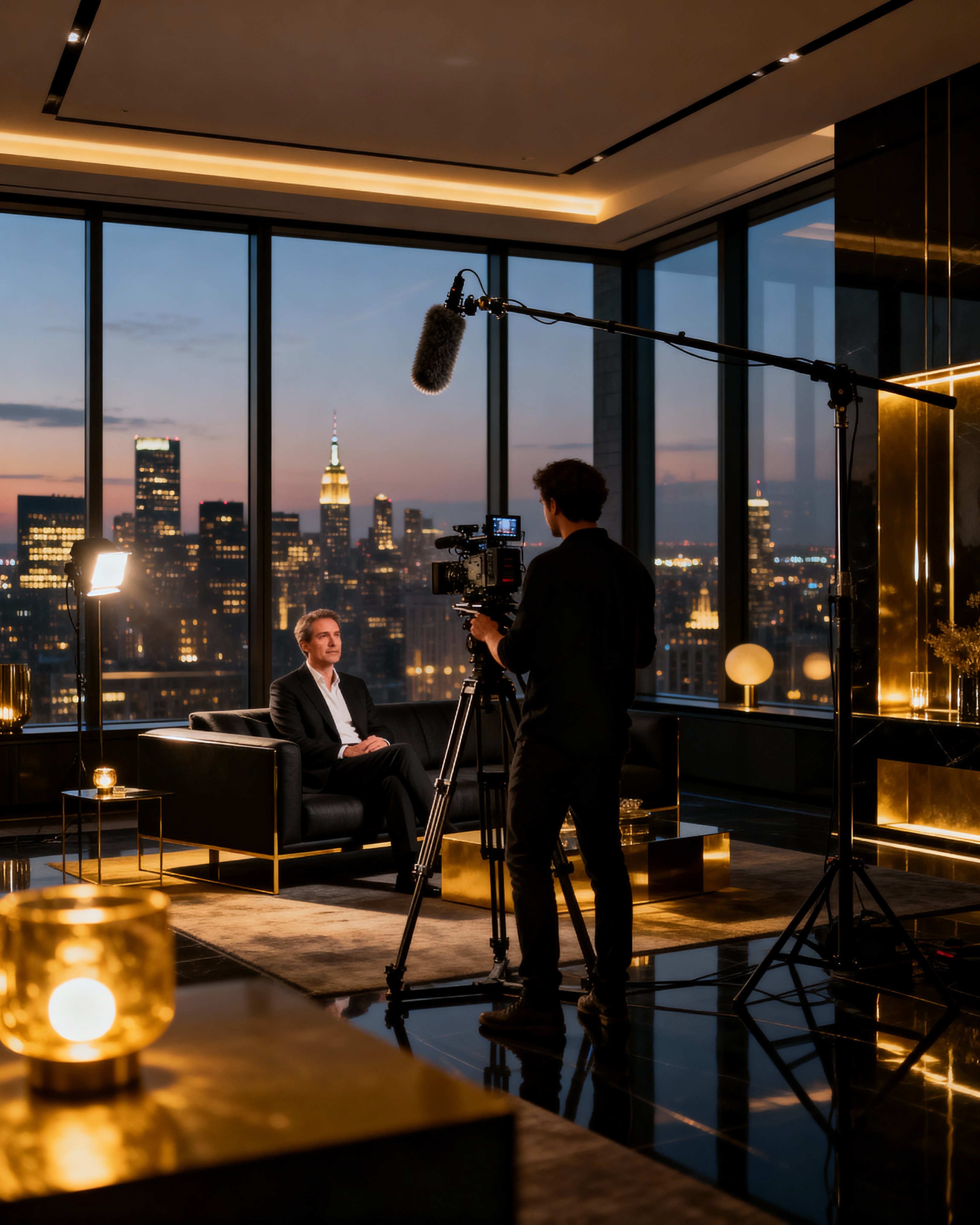Filmmaker recording an architect interview in a luxury high-rise at dusk, with New York City skyline glowing through floor-to-ceiling windows.