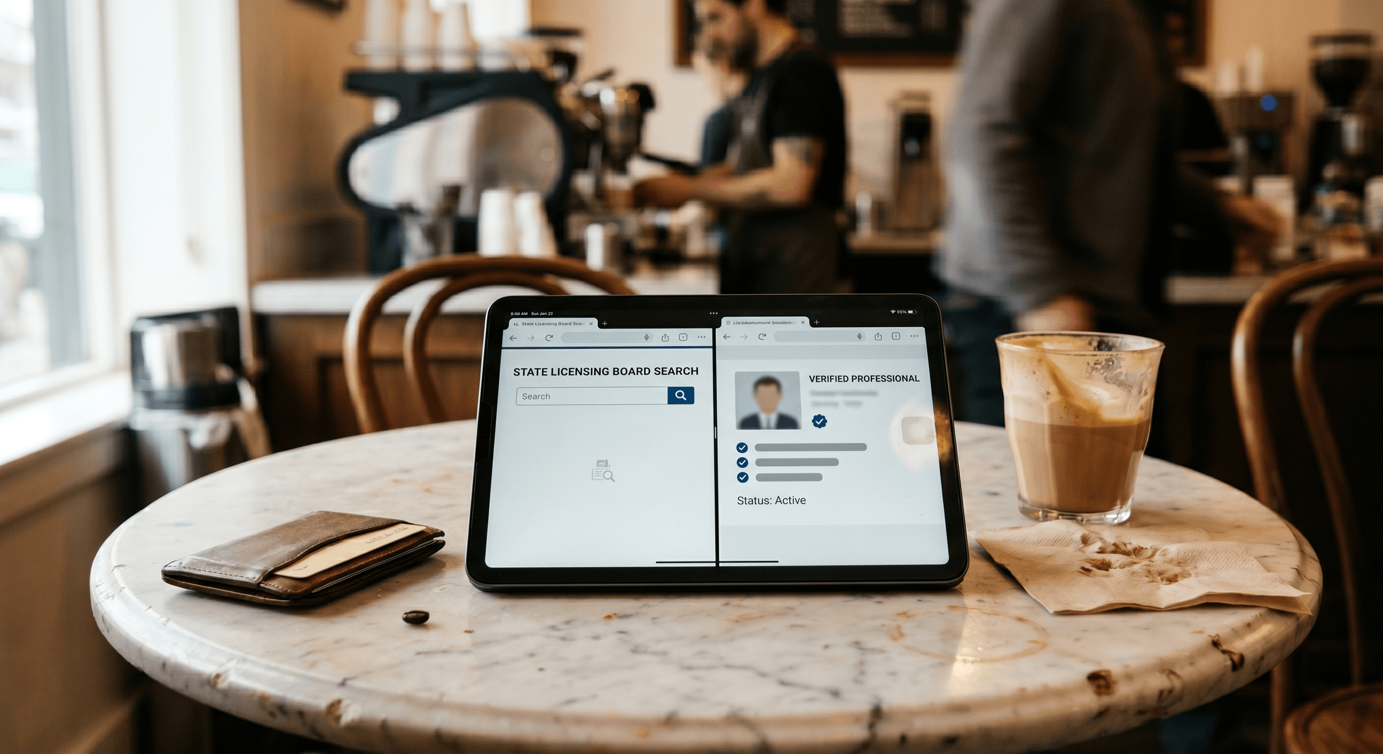 A tablet on a coffee shop table showing two browser tabs side by side, one a state licensing board search page returning no results and one the PSYPACT directory showing a verified provider profile