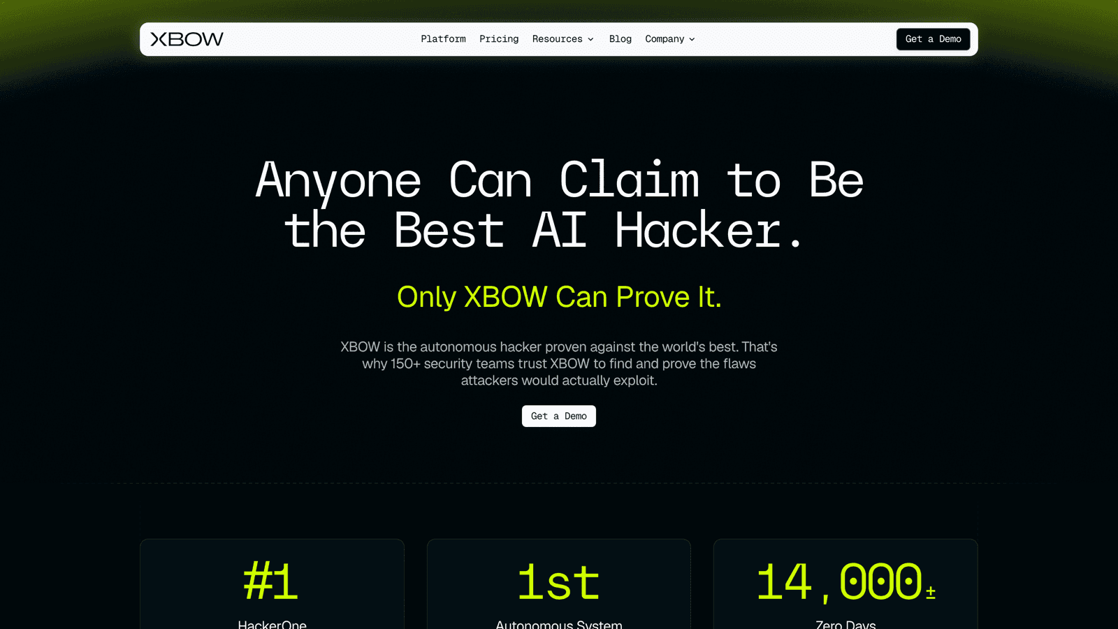 XBOW homepage showing the autonomous offensive security platform under the headline Anyone Can Claim to Be the Best AI Hacker, Only XBOW Can Prove It