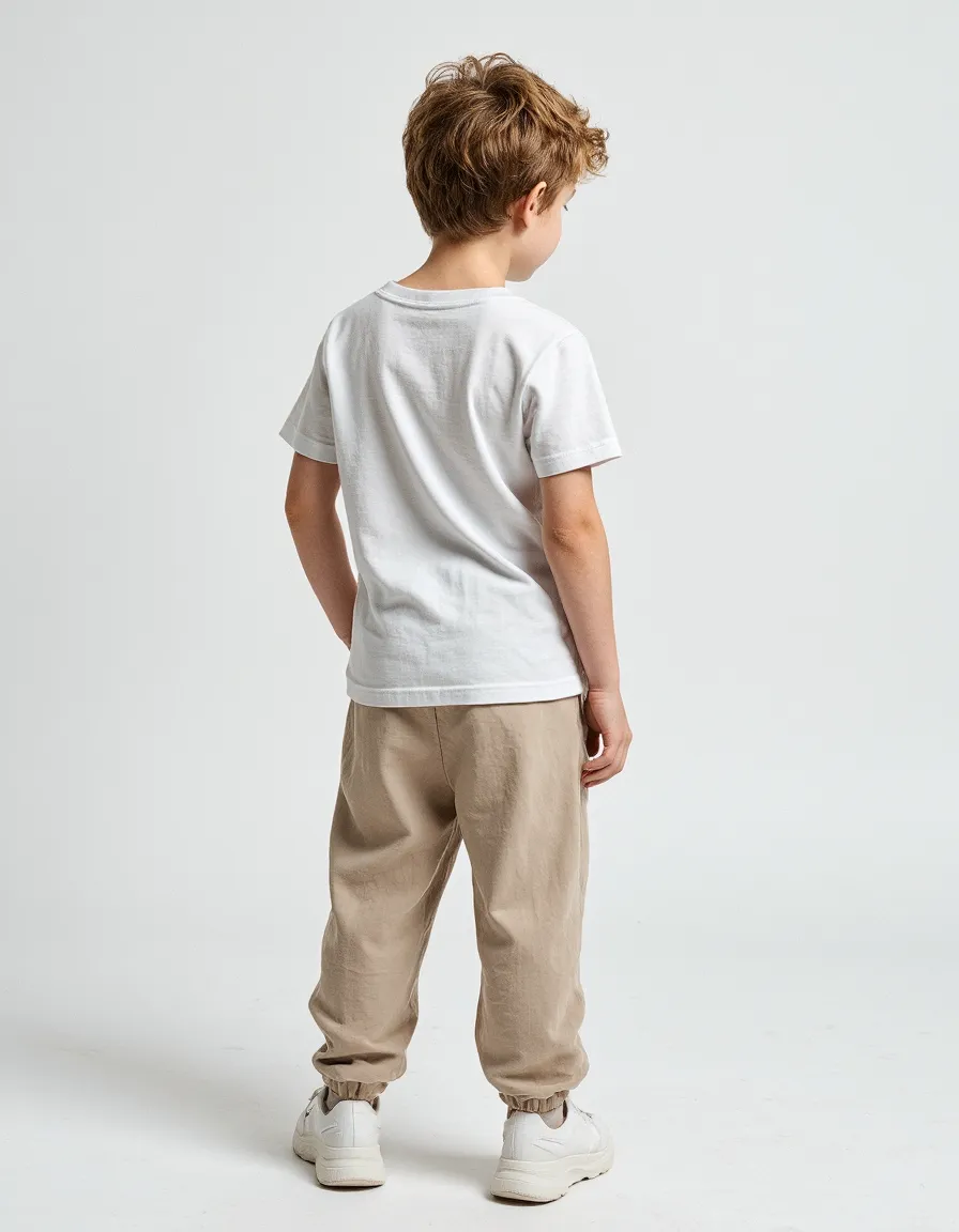 Back view of a child wearing a classic white t-shirt and beige pants against a minimal white background, showcasing clean catalogue styling.