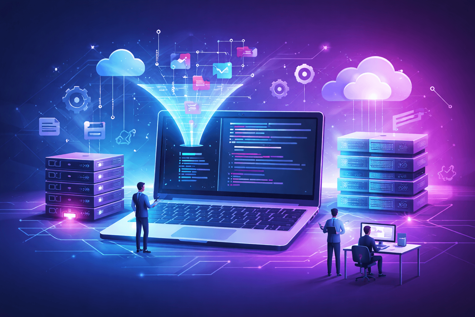 Illustration of application modernization showing a laptop with code transforming legacy server systems into modern cloud infrastructure, surrounded by digital icons and developers, in blue, purple, and pink tones.