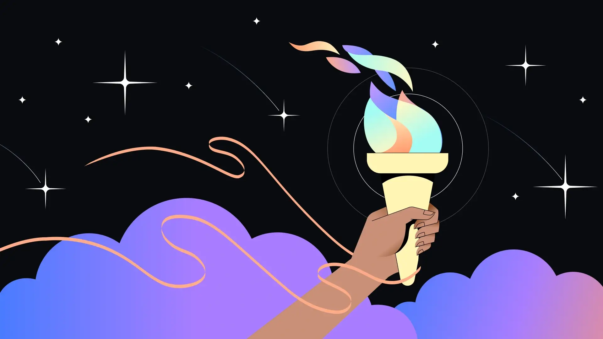 An illustrated hand holds a glowing torch with multicolored flames against a starry night sky with soft, swirling colorful clouds add a sense of hope and inspiration.