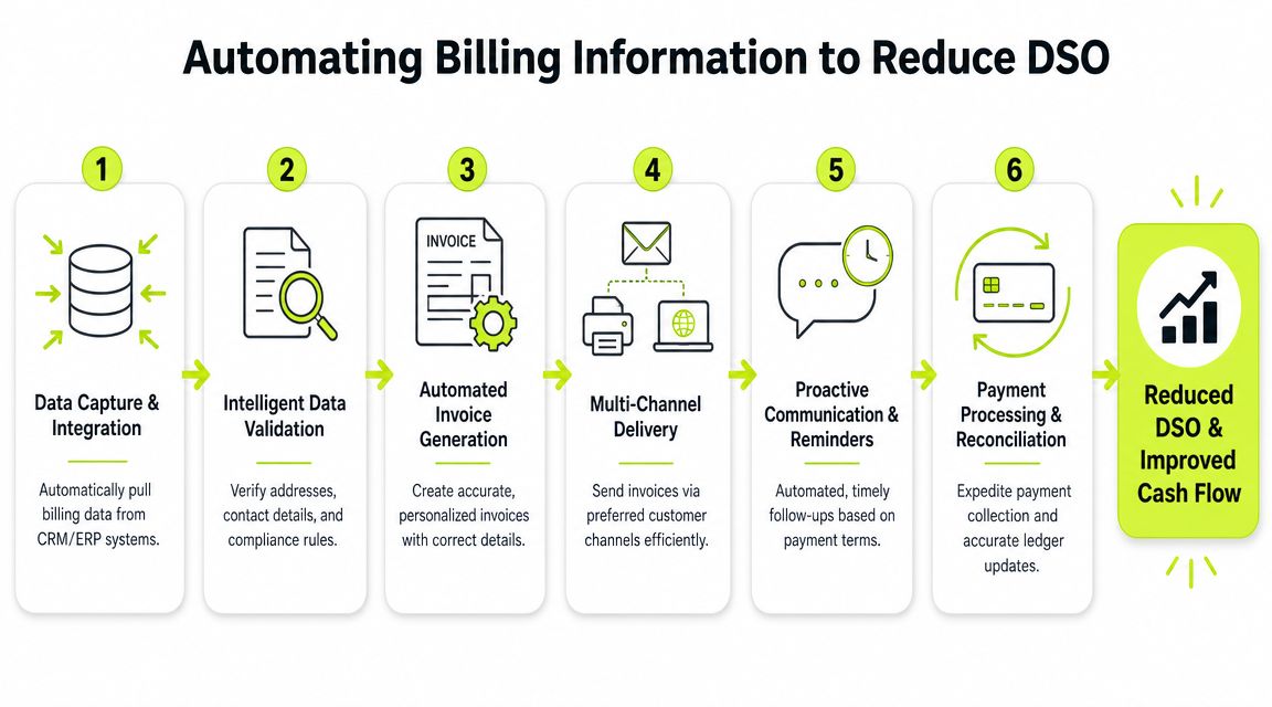 A six-step infographic showing the automated billing information process to reduce Days Sales Outstanding and improve cash flow.