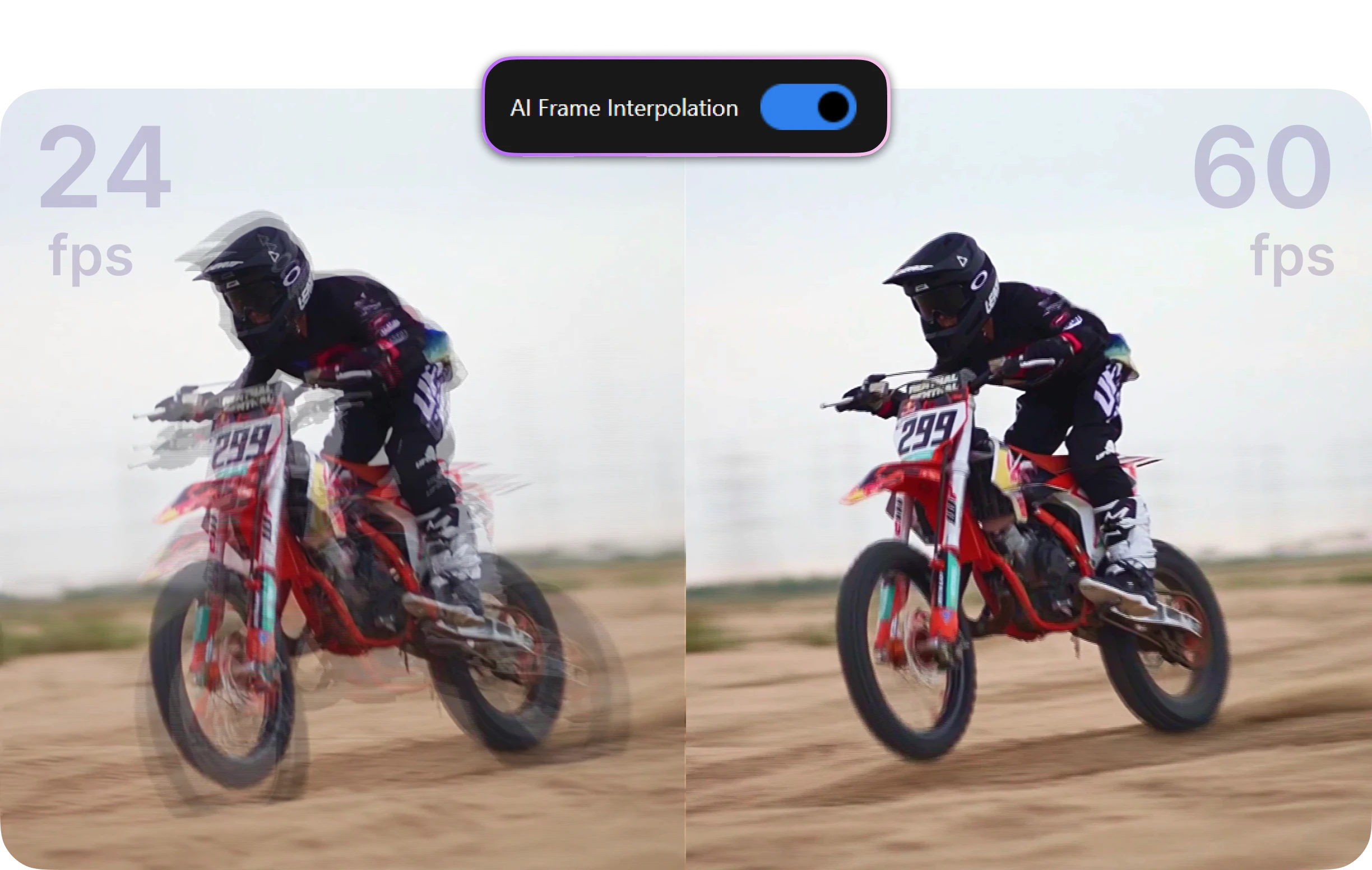 motorcycle sports scene, new feature for Nero AI Video Upscaler-frame interpolation