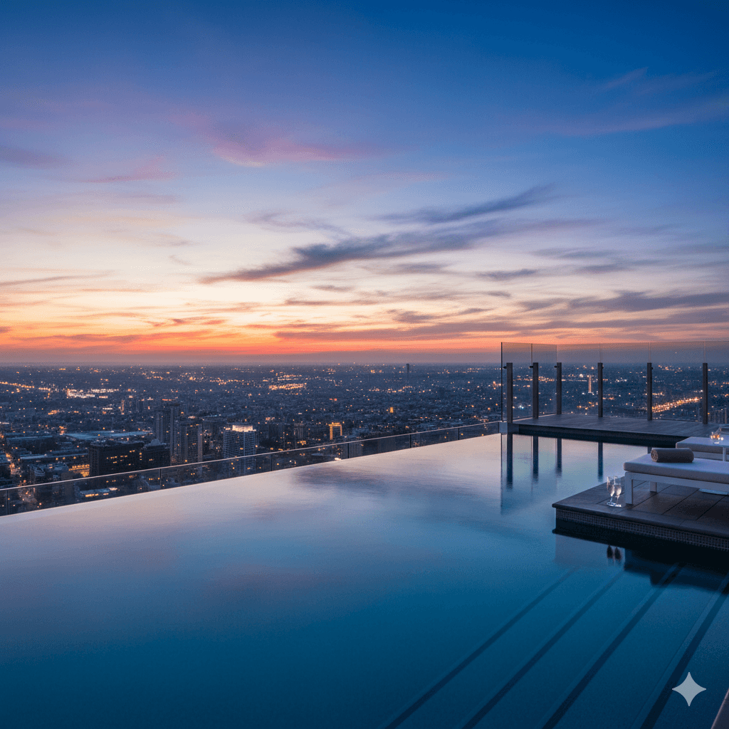Rooftop infinity pool overlooking the Noida skyline at sunset