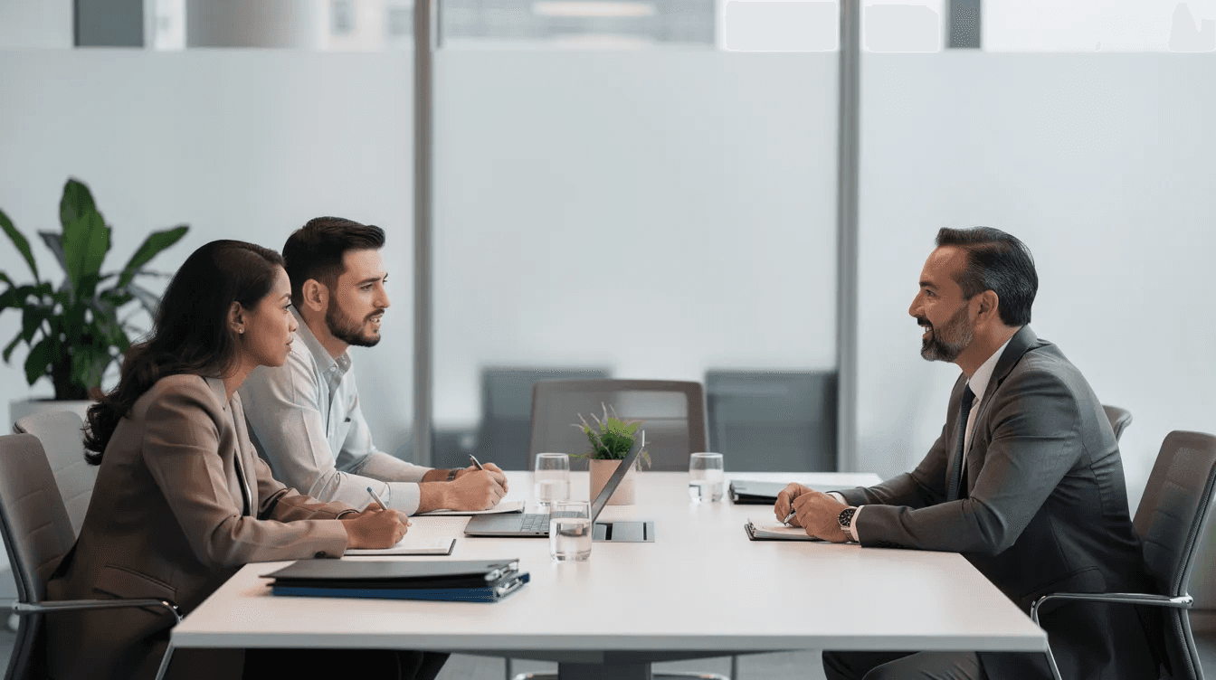 The image depicts a professional mediation setting where two individuals are engaged in a calm discussion at a conference table, highlighting the mediation process often used in divorce mediation services. This serene environment facilitates open communication as they work towards reaching agreements on key issues such as child custody and asset division under California law.