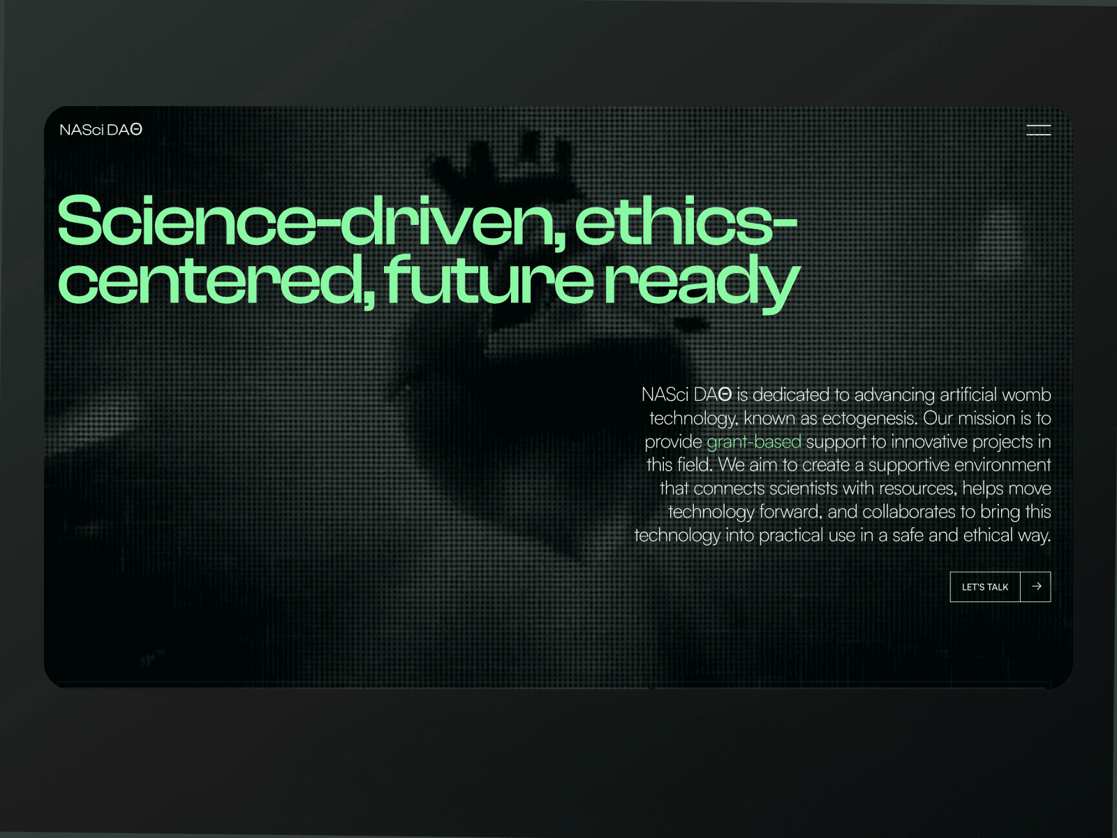 Brand identity and website design for Nasci DAO by VaporAviator, highlighting decentralized science (DeSci) community visuals and futuristic branding elements.
