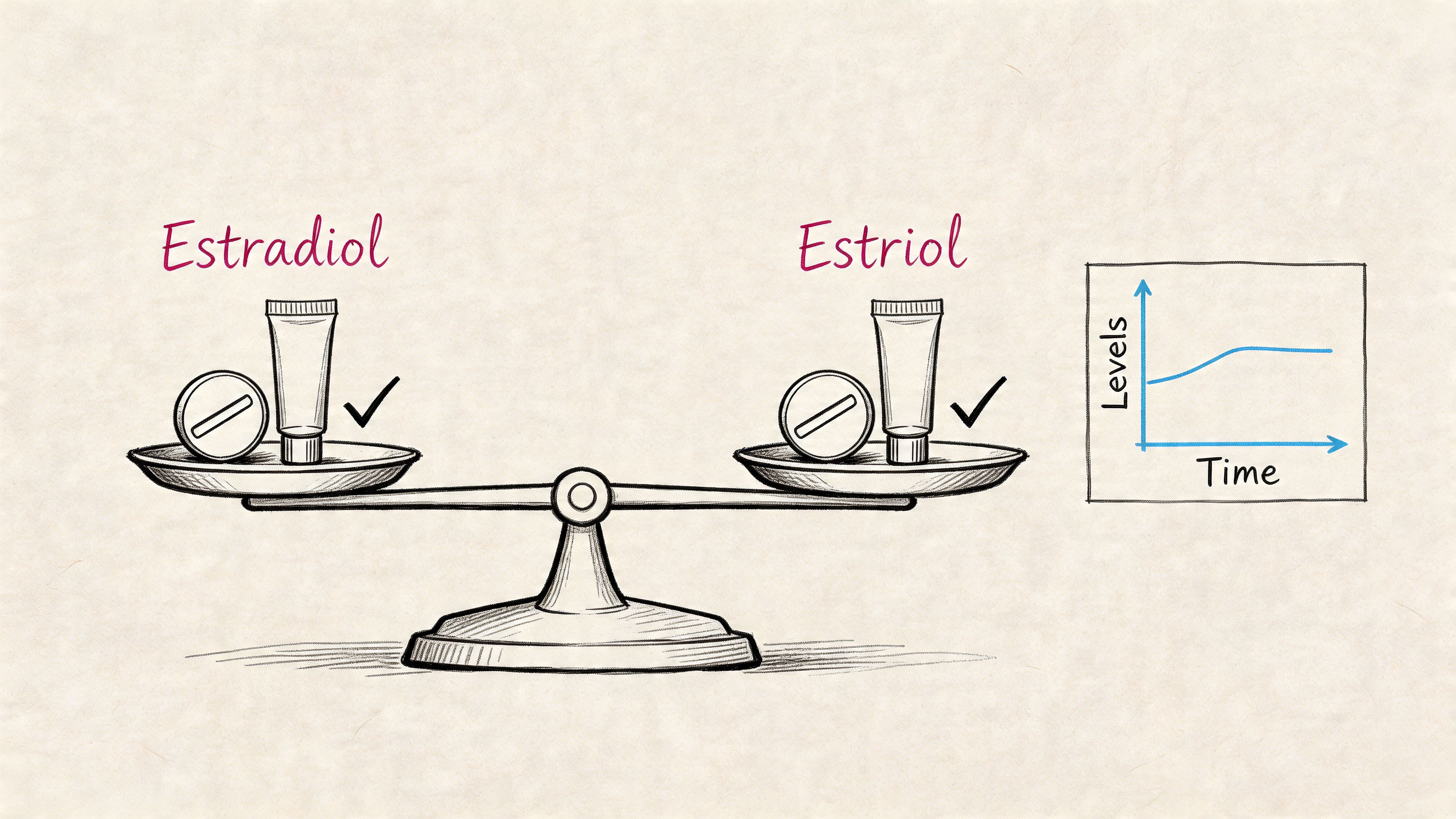 A conceptual illustration comparing estradiol and estriol treatments using a balanced scale with a level-time chart.