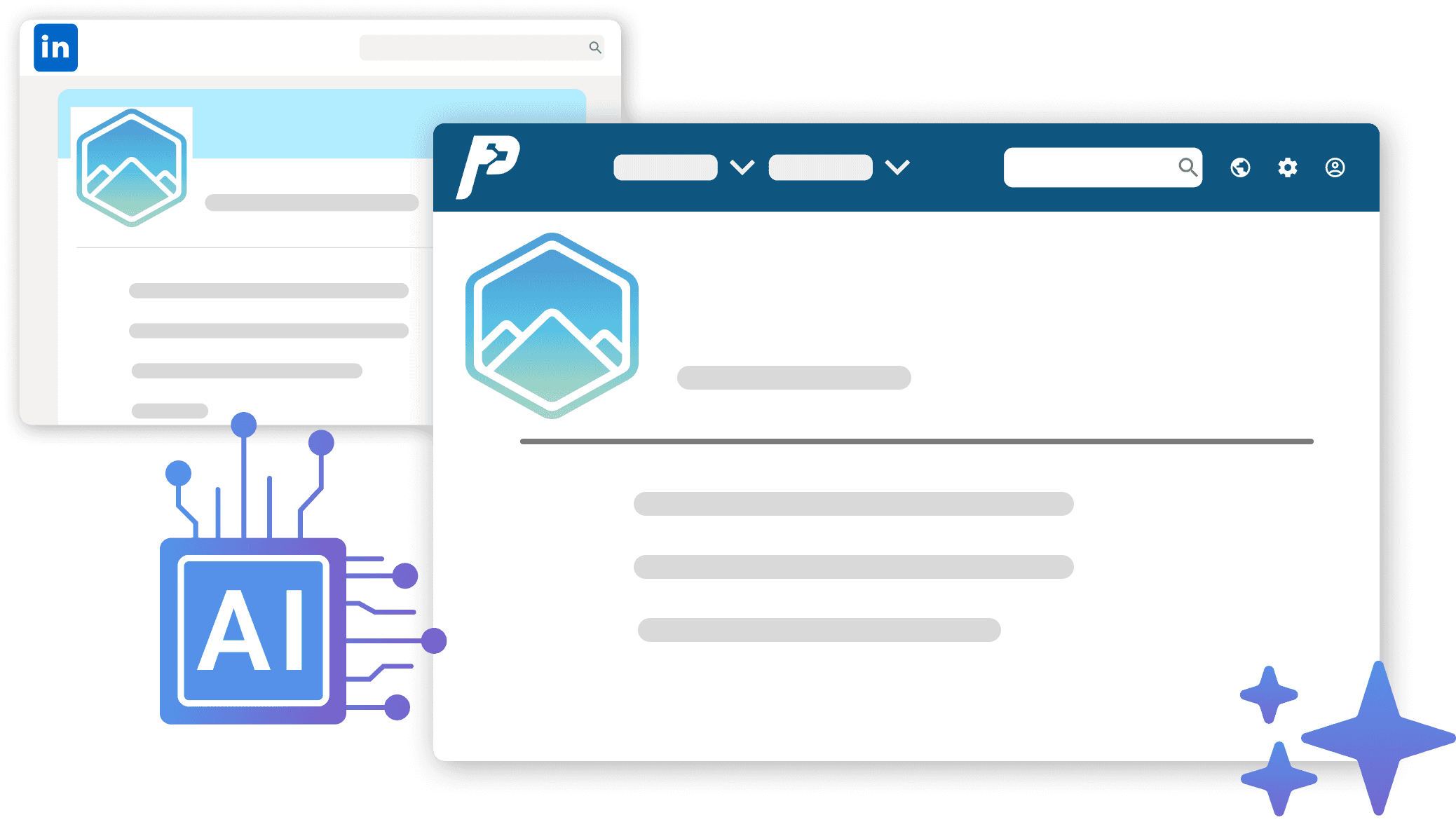 Illustration von zwei Webbrowser-Fenstern, die eine generische Profiloberfläche mit Icons anzeigen, eines mit einem hellblauen Header und das andere dunkelblau, begleitet von einem schwebenden KI-Icon, das mit digitaler Schaltung und funkelnden Sternen verbunden ist.