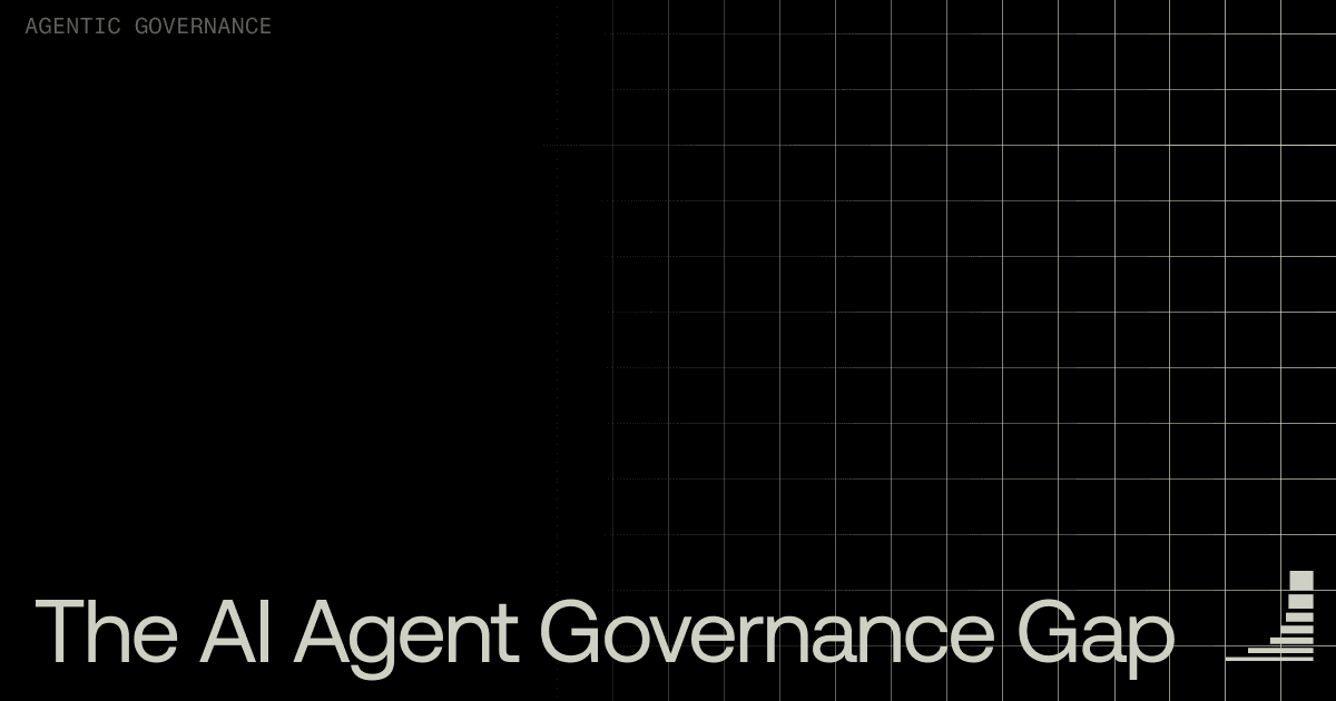 Black blog cover image with subtle grid pattern. Category label reads "AGENTIC GOVERNANCE" in the upper left. Large headline text reads "The Governance Gap." Waxell logo in the bottom right corner.
