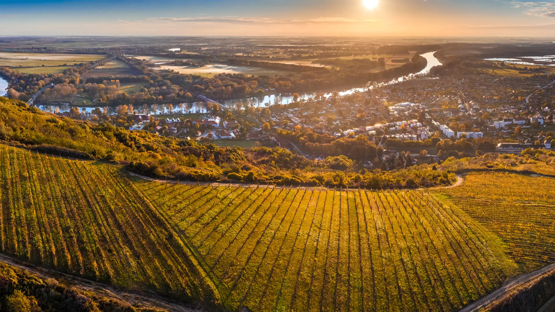 Tokaji szőlőhegy és borvidék légi felvétele naplementében, kilátással a Bodrog folyóra és Tokaj városára