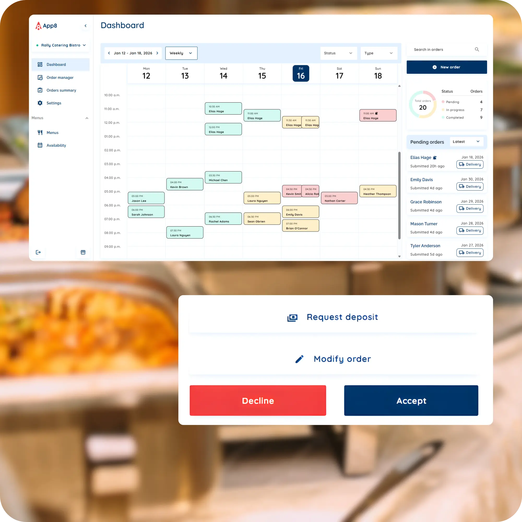 Corporate client portal for office managers to manage catering orders instantly