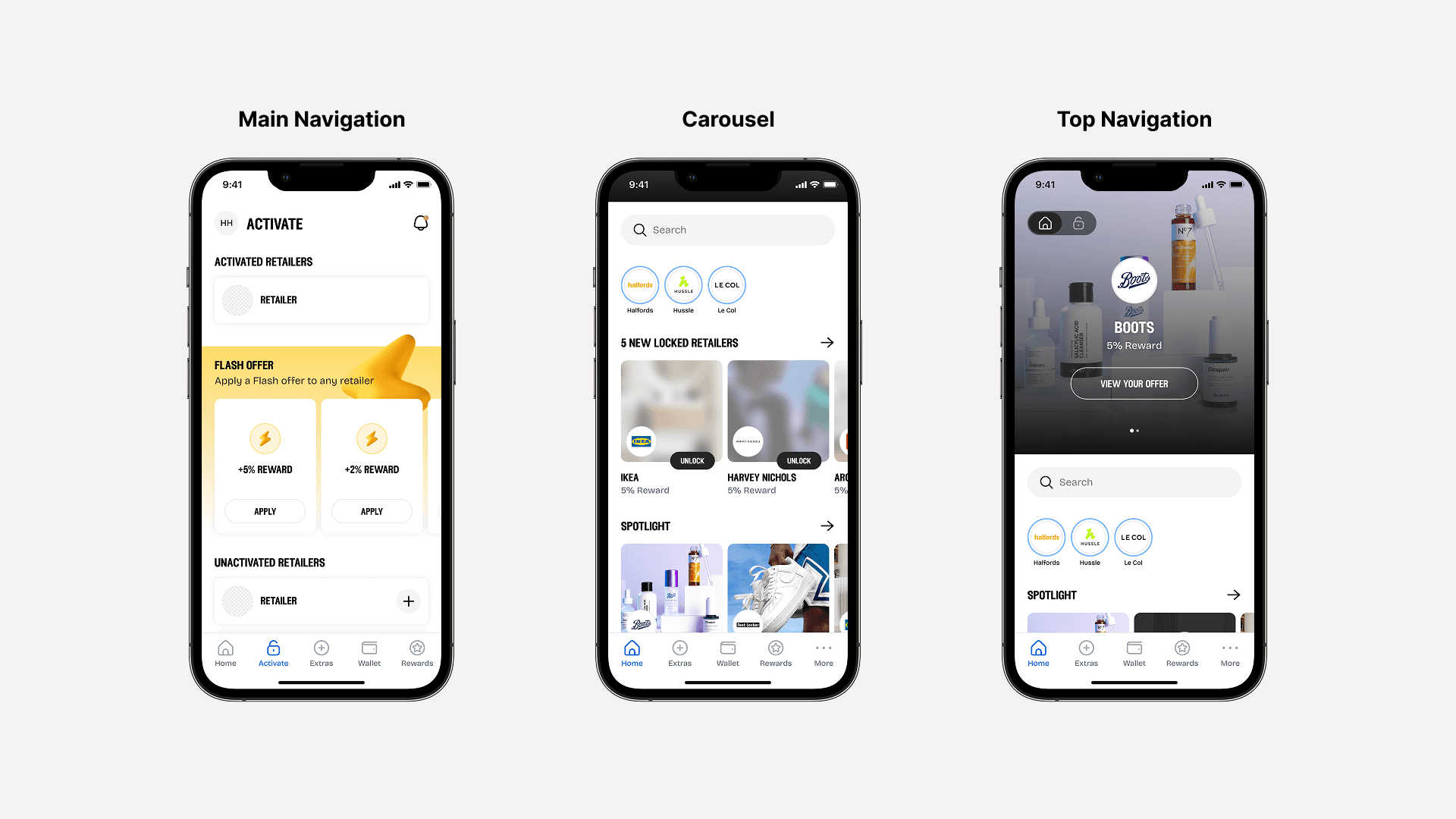 Three navigation concepts showing main navigation, a retailer carousel, and a top navigation layout.