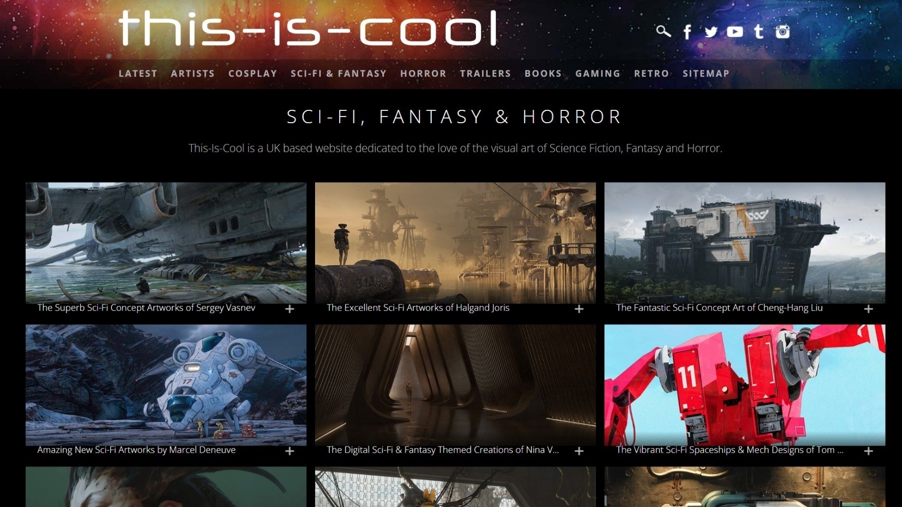 Screen image showing the homepage of the this is cool website, works by artists are shown in a grid display