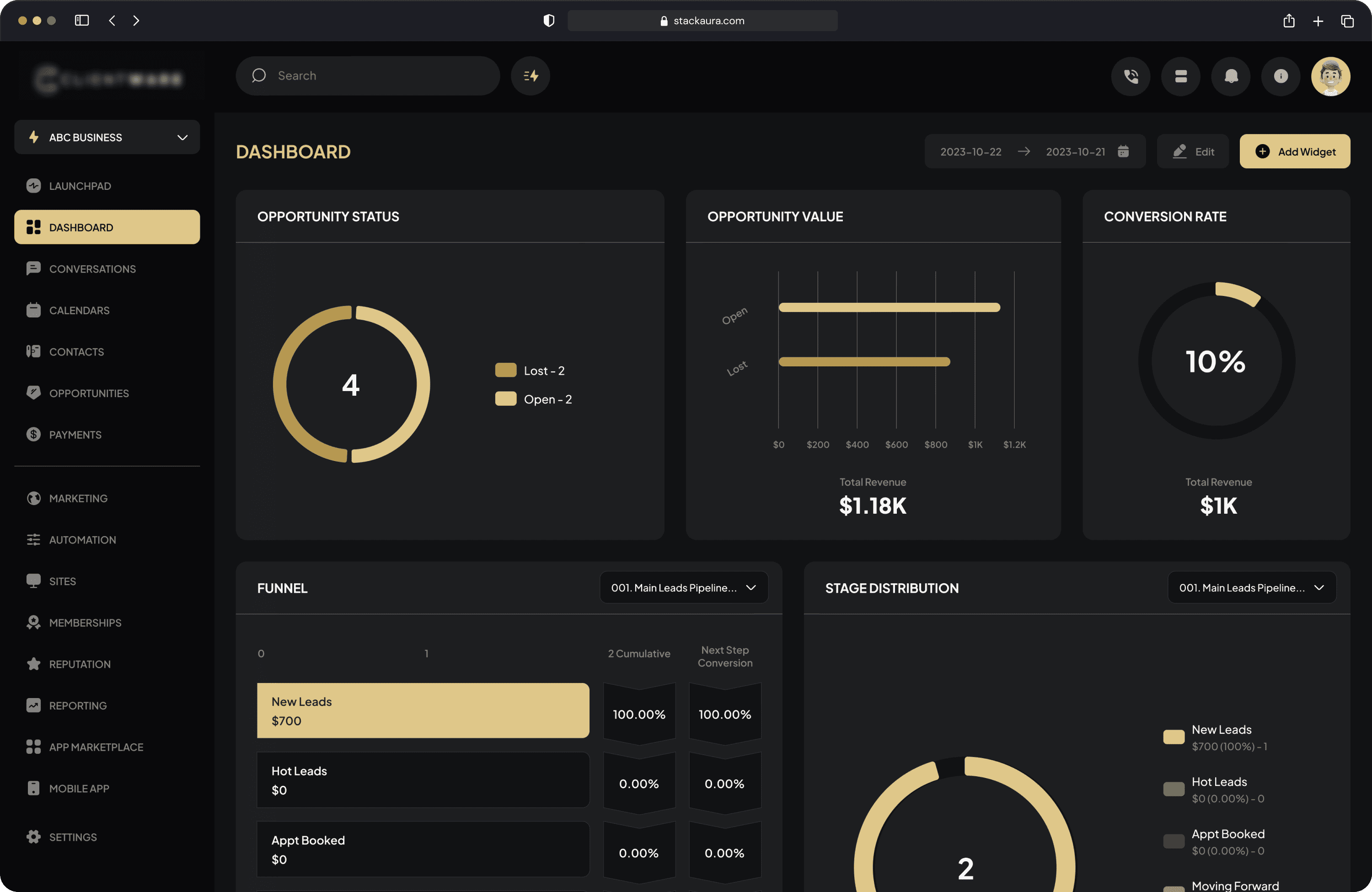 Gold accent dark Go High Level dashboard customization with premium SaaS-style UI design | StackAura