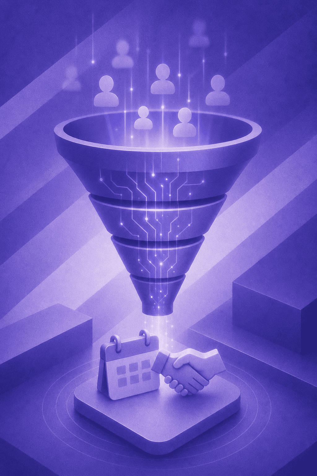A modern B2B sales funnel visualization with a sleek dark blue and teal color scheme. Multiple anonymous website visitor silhouettes entering at the top of a glowing digital funnel, with AI circuit patterns and data streams flowing through the funnel stages. At the bottom, a calendar icon and handshake symbol representing a booked meeting. Clean, abstract, futuristic illustration style with no text or labels.
