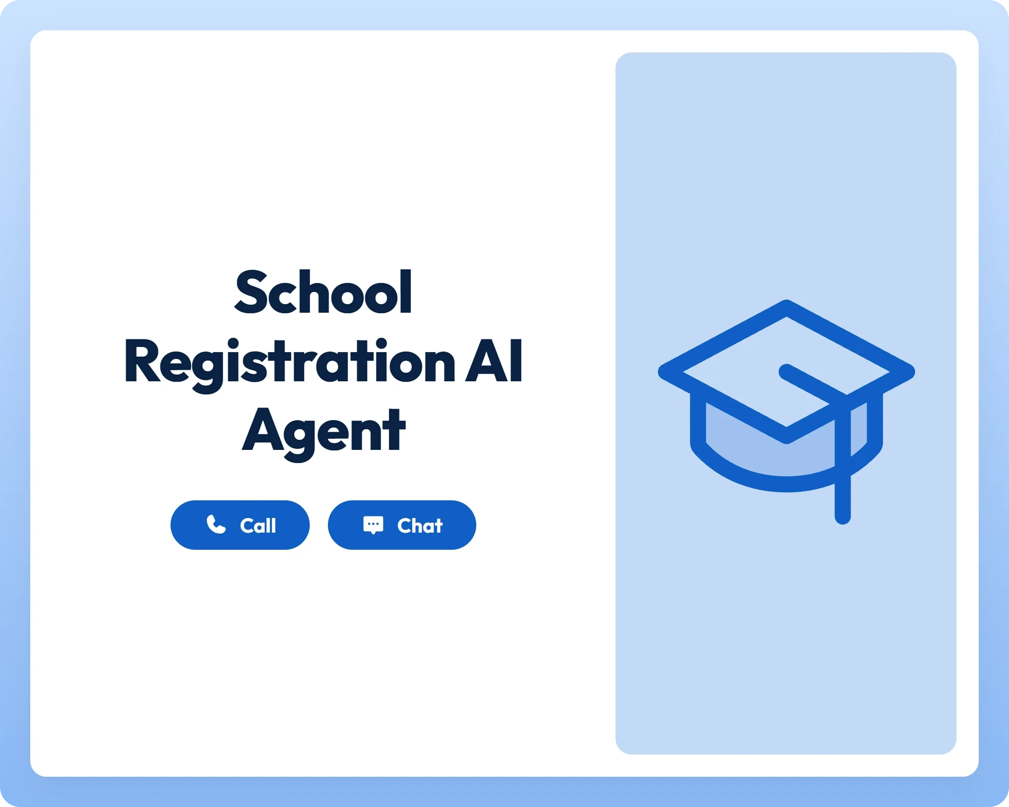 graduation cap icon panel beside call and chat buttons for school registration support