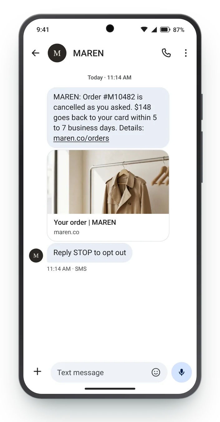 Order cancelled on request transactional SMS on an Android phone