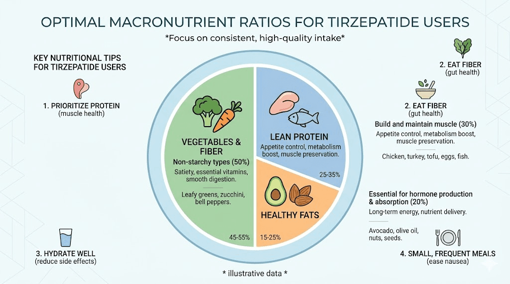 Optimal meal plate for tirzepatide levocarnitine blend users showing protein and nutrient priorities